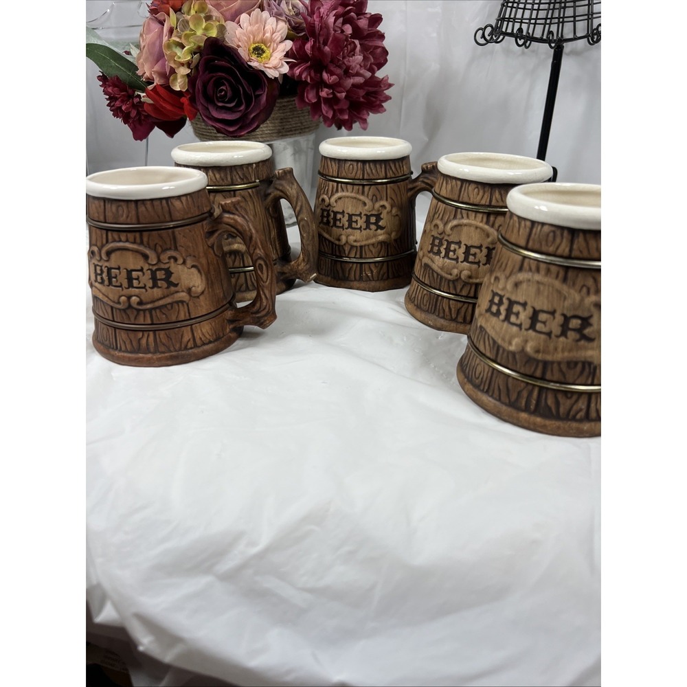Vintage Treasure Craft Pottery Beer Tapered Mugs Woodland Branch Handle 12 fl oz